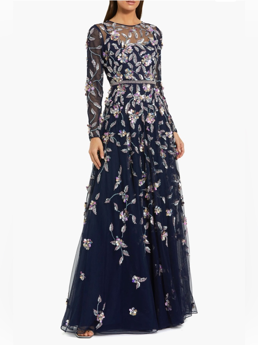 Mac Duggal Navy Long-Sleeve Embroidered Floral Evening Gown